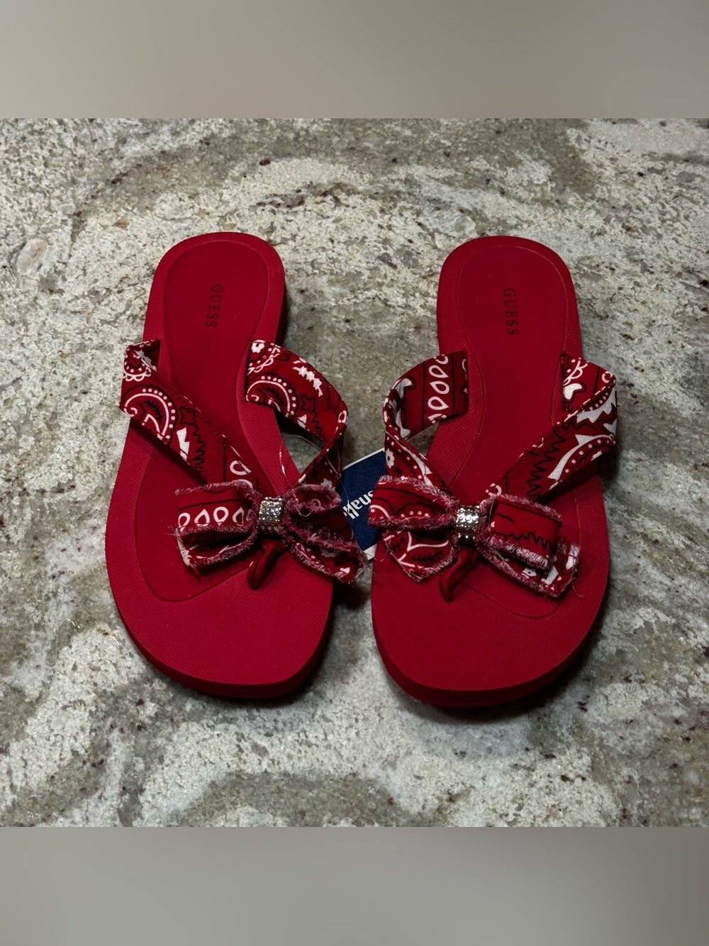 GUESS Red Bandana Bow Slide Sandals for Women